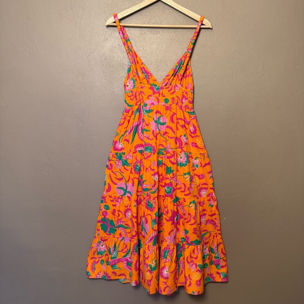 10 Crosby Derek Lam Cecelia Tiered Printed Linen-blend Orange Midi Dress Size 4 - Picture 13 of 16